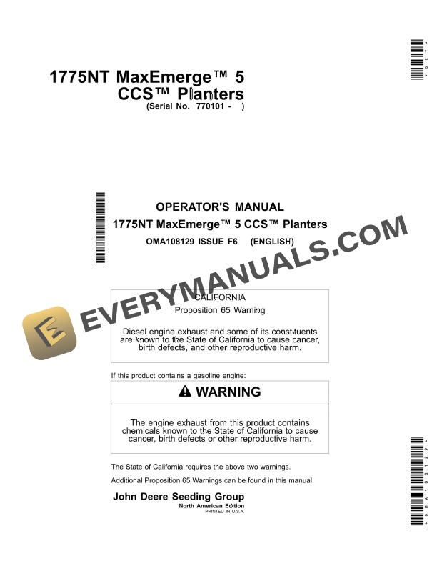 John Deere 1775NT MaxEmerge 5 CCS Planter Operator Manual OMA108129 1