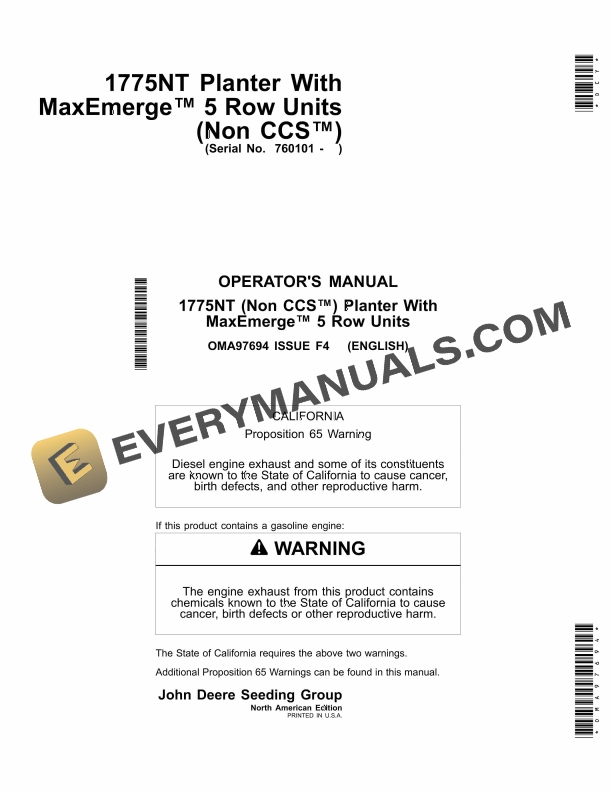 John Deere 1775NT Non CCS Planter with MaxEmerge 5 Row Units Operator Manual OMA97694 1