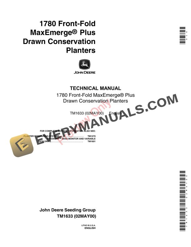 John Deere 1780 Front-Fold Drawn Planters Technical Manual TM1633 02MAY00 PDF
