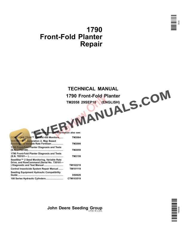 John Deere 1790 Front Fold Planter Technical Manual TM2058 29SEP10 1