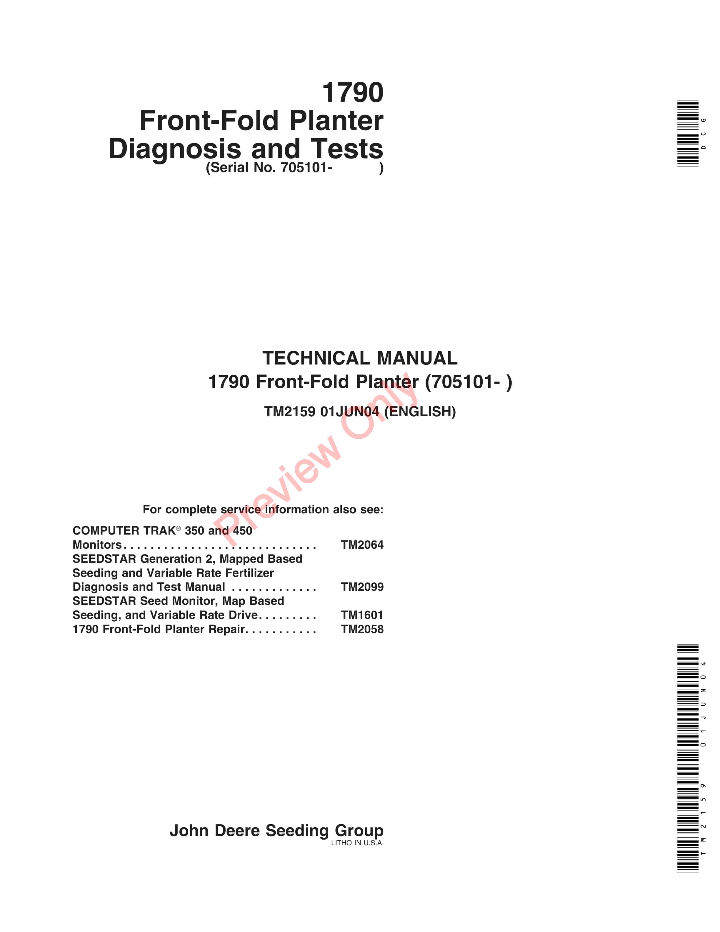 John Deere 1790 Front Fold Planter Technical Manual TM2159 01JUN04 1