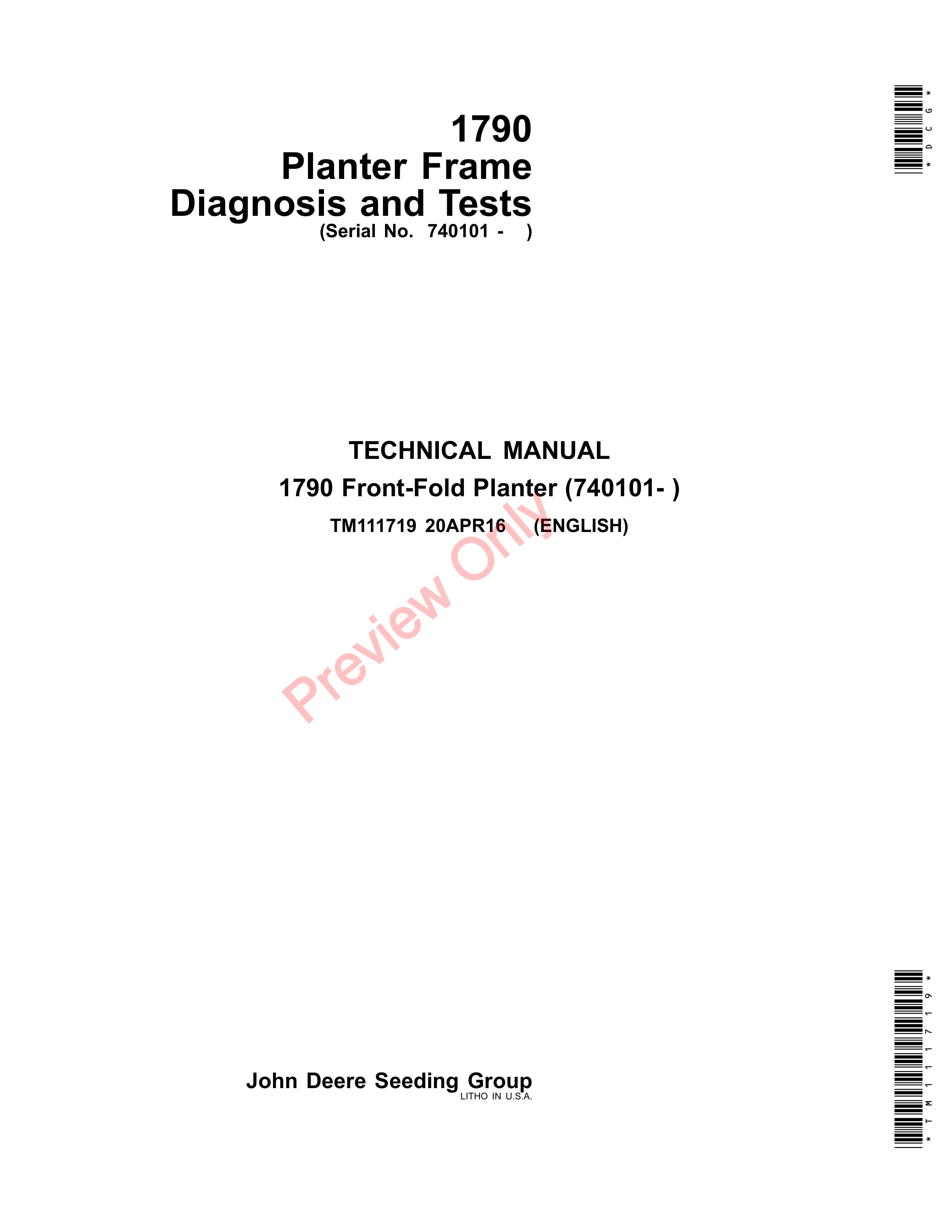 John Deere 1790 Planter Frame 740101 Technical Manual TM111719 20APR16 1