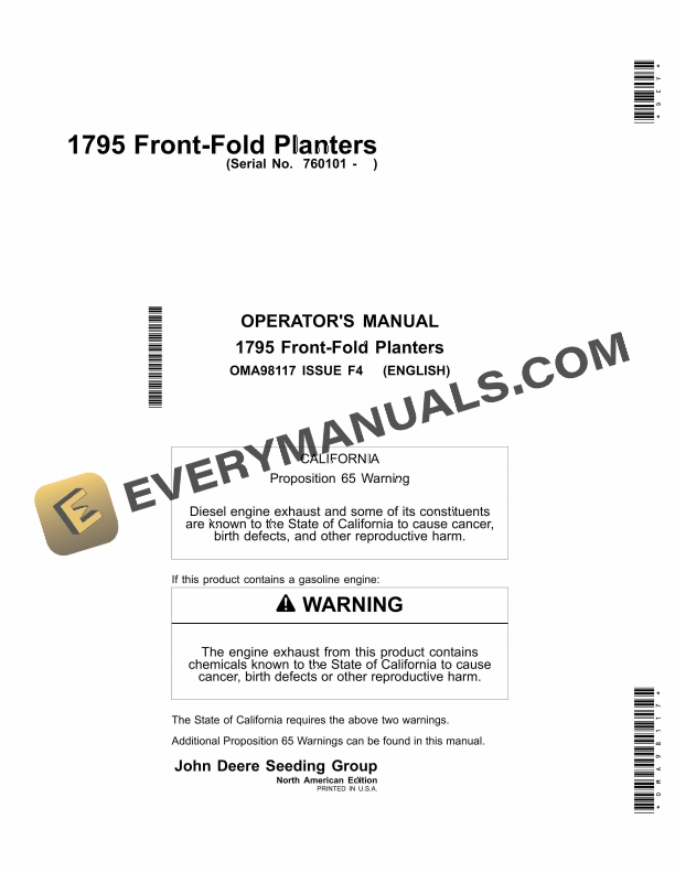 John Deere 1795 Front Fold Planter Operator Manual OMA98117 1