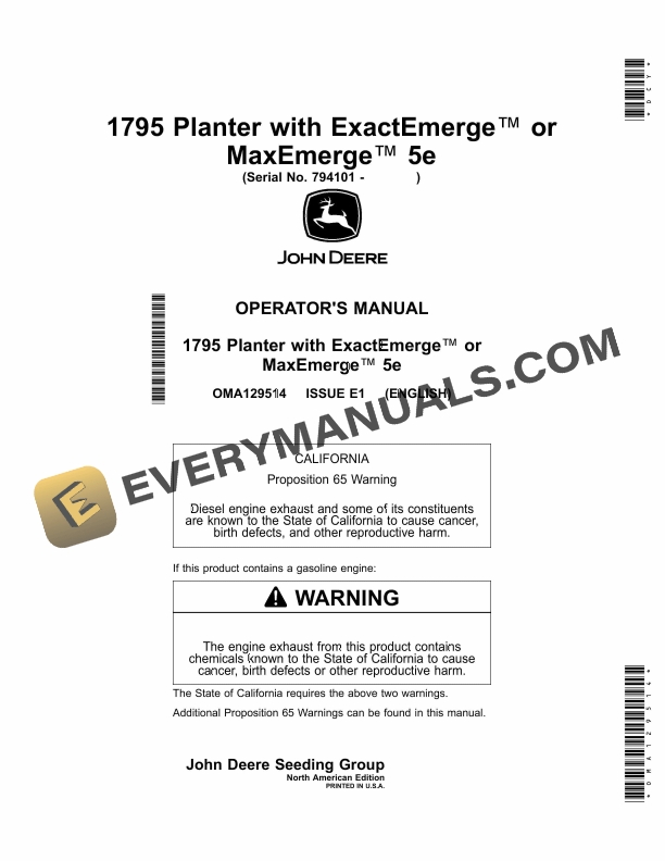 John Deere 1795 Planter With ExactEmerge Or MaxEmerge 5E Operator Manual OMA129514