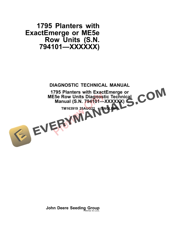 John Deere 1795 Planters with ExactEmerge or ME5e Row Units 794101 Diagnostic Technical Manual TM163919 25AUG22 1
