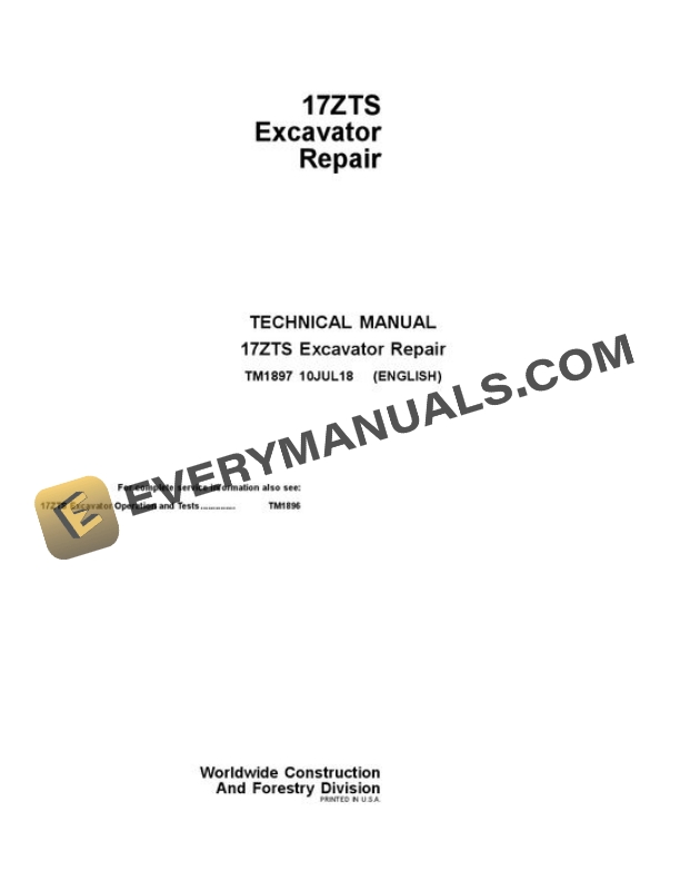 John Deere 17ZTS Excavator Repair Manual TM1897