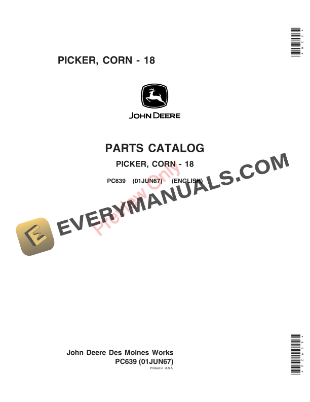 John Deere 18 Corn Picker Parts Catalog PC639 01JUN67