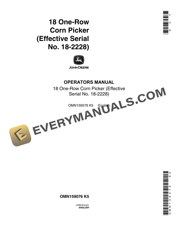 John Deere 18 One Row Corn Picker Operator Manual OMN159076 1