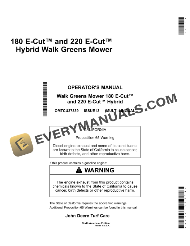 John Deere 180 E Cut and 220 E Cut Hybrid Walk Greens Mower Operator Manual OMTCU37339 1