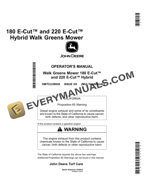 John Deere 180 E-Cut, 220 E-Cut Hybrid Walk Greens Mower Operator Manual OMTCU39939 2 John Deere 180 E Cut and 220 E Cut Hybrid Walk Greens Mower Operator Manual OMTCU39939 1