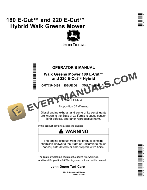 John Deere 180 E Cut and 220 E Cut Hybrid Walk Greens Mower Operator Manual OMTCU40494 1