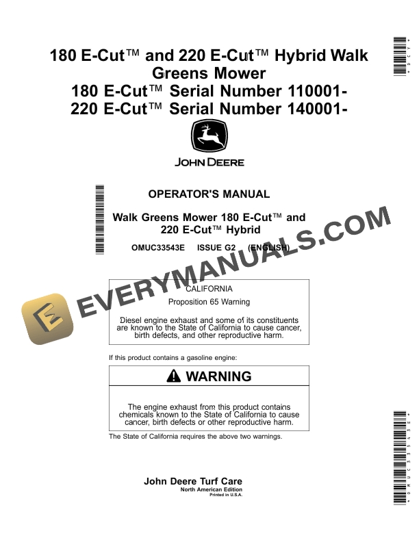 John Deere 180 E Cut and 220 E Cut Hybrid Walk Greens Mower Operator Manual OMUC33543E 1