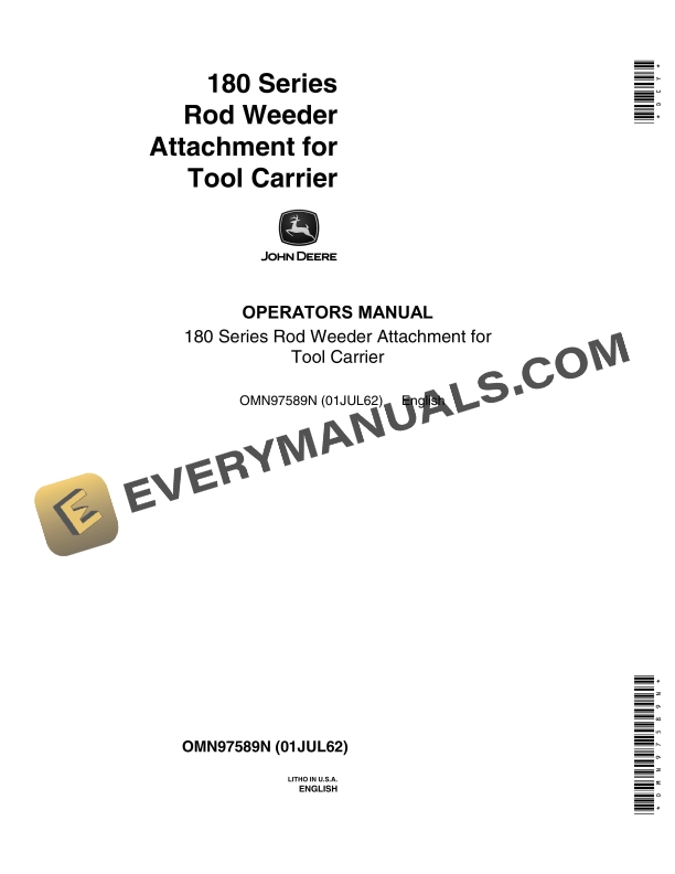 John Deere 180 Series Rod Weeder Attachment for Tool Carrier Operator Manual OMN97589N 1