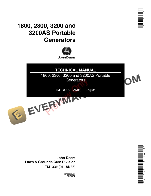 John Deere 1800, 2300 and 3200 Portable Generator Technical Manual TM1339 01JAN86