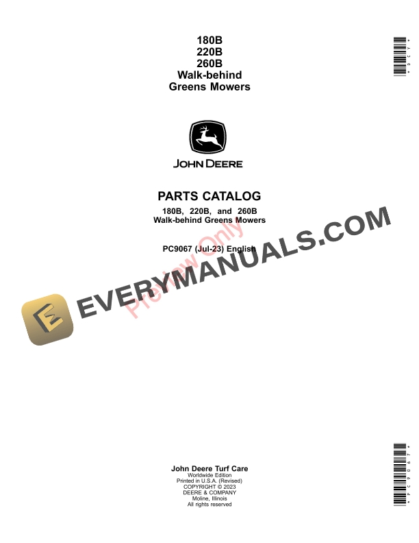 John Deere 180B, 220B, And 260B Walk-Behind Greens Mowers Parts Catalog PC9067 16JUL23