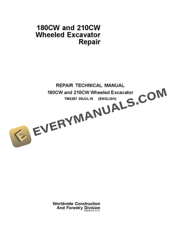 John Deere 180CW 210CW Excavator Repair Manual TM2287