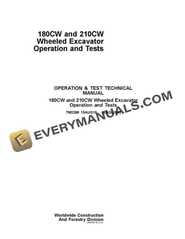 John Deere 180CW 210CW Excavator Test Manual TM2286