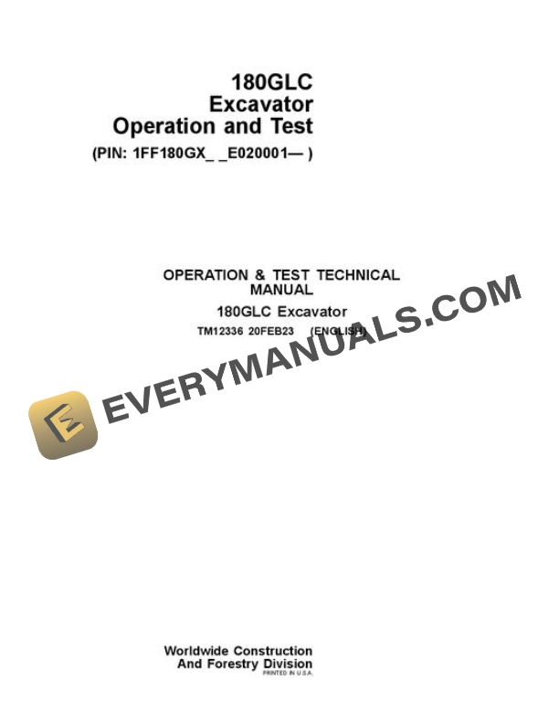 John Deere 180GLC Excavator Test Manual TM12336