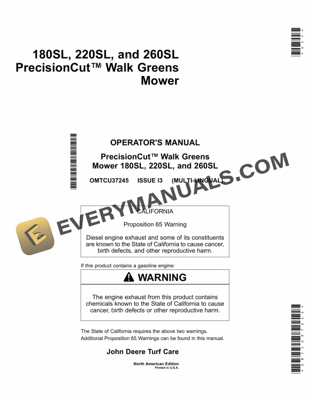 John Deere 180SL 220SL and 260SL PrecisionCut Walk Greens Mower Operator Manual OMTCU38874 1
