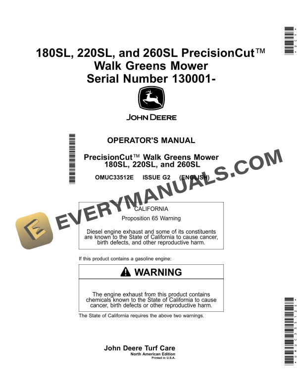 John Deere 180SL, 220SL, 260SL PrecisionCut Walk Greens Mower Operator Manual OMUC33512E