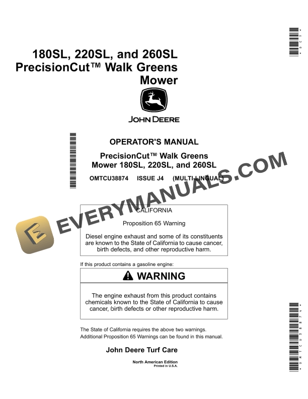 John Deere 180SL 220SL and 260SL PrecisionCut Walk Greens Mower Operator Manual OMUC33520 1