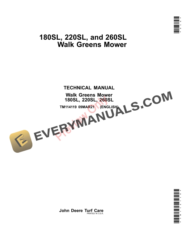 John Deere 180SL, 220SL, and 260SL Walk Greens Mower Technical Manual TM114119 09MAR21