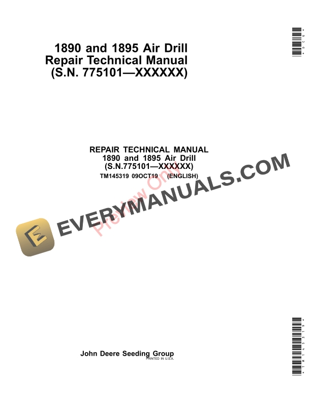 John Deere 1890 and 1895 Air Drills Technical Manual TM145319 09OCT19