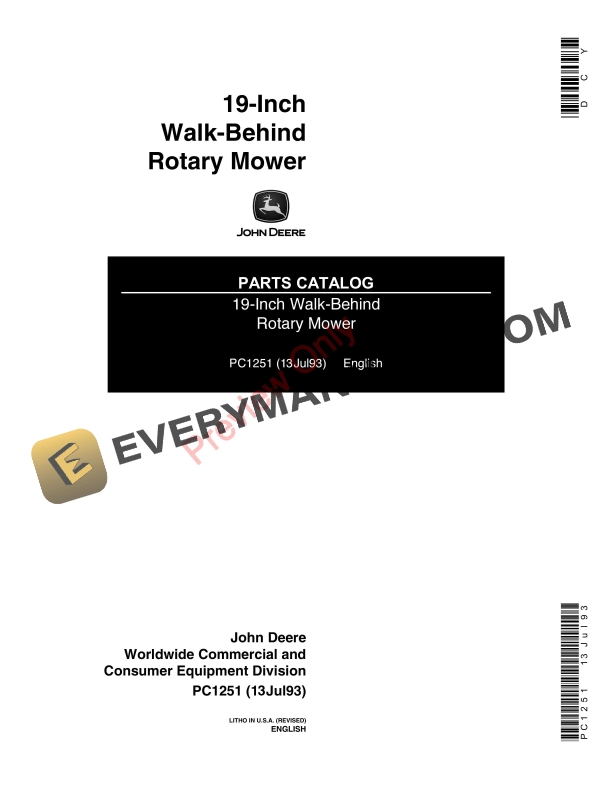 John Deere 19-Inch Rotary Mower Parts Catalog PC1251 13JUL93