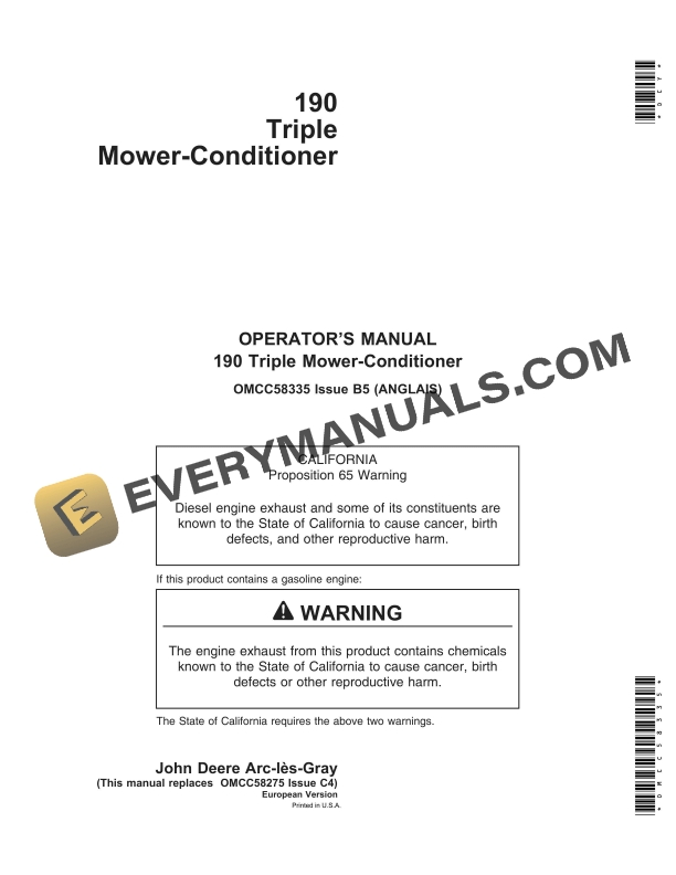 John Deere 190 Triple Mower-Conditioner Operator Manual OMCC58335