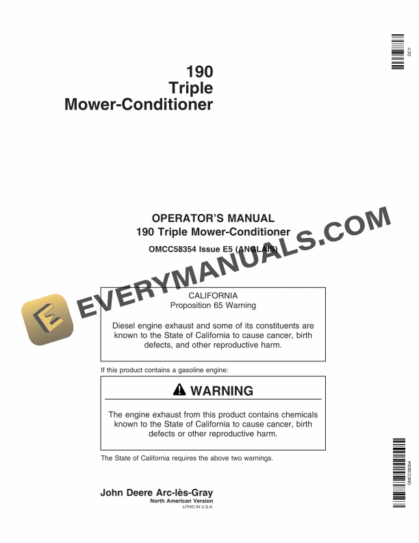 John Deere 190 Triple Mower Conditioner Operator Manual OMCC58354 1