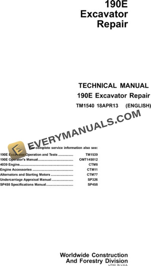 John Deere 190E Excavator Repair Manual TM1540