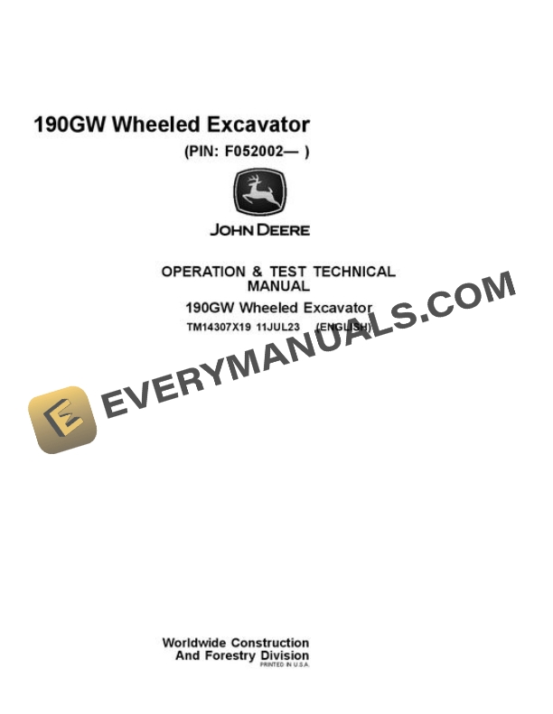 John Deere 190GW Excavator Test Manual TM14307X19