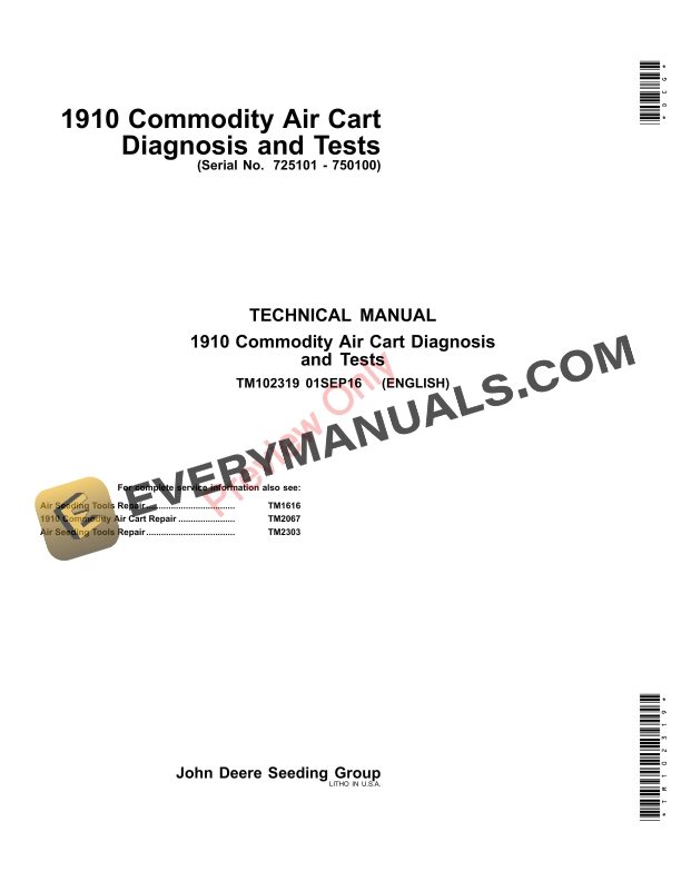 John Deere 1910 Commodity Air Cart Service Information TM102319 01SEP16