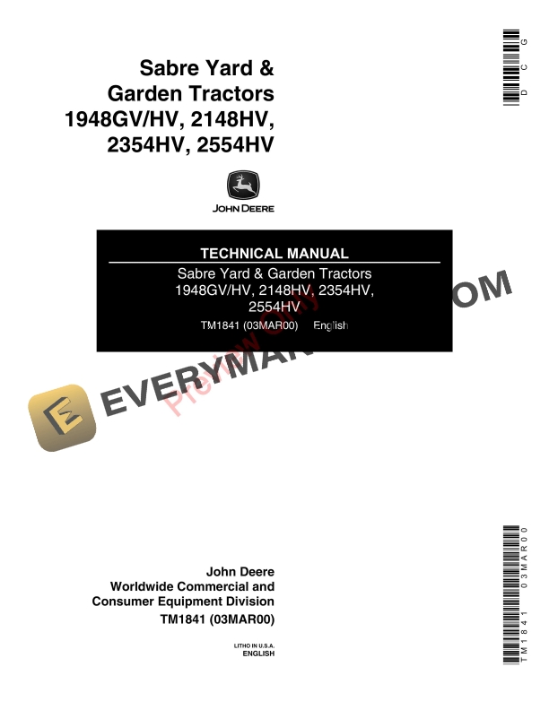 John Deere 1948GVHV 2148HV 2354HV and 2554HV Sabre Yard and Garden Tractors Technical Manual TM1841 03MAR00 1