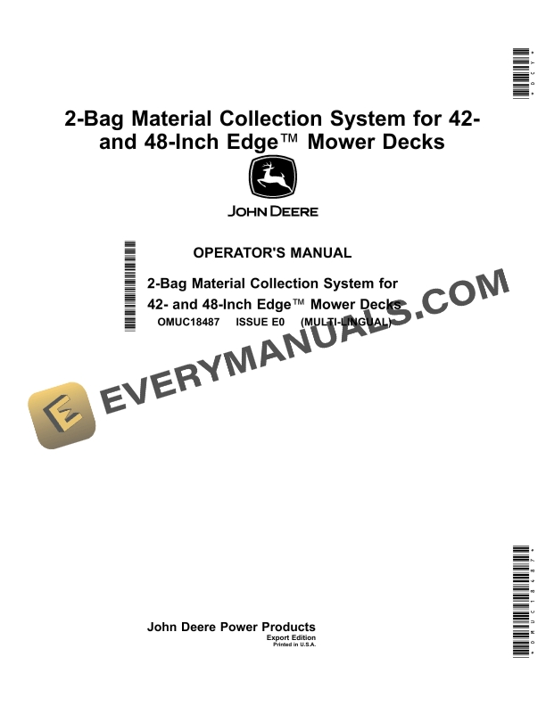John Deere 2-Bag Material Collection System For 42, 48 Inch Edge Mower Decks Operator Manual OMUC18487 1 John Deere 2 Bag Material Collection System for 42 Operator Manual OMUC18487 1