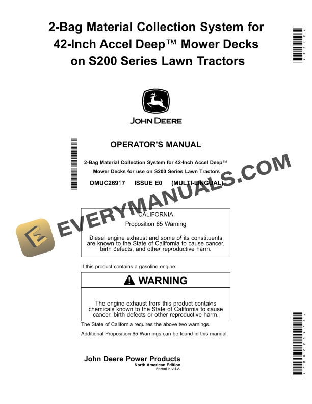 John Deere 2 Bag Material Collection System for 42 Operator Manual OMUC26917 1