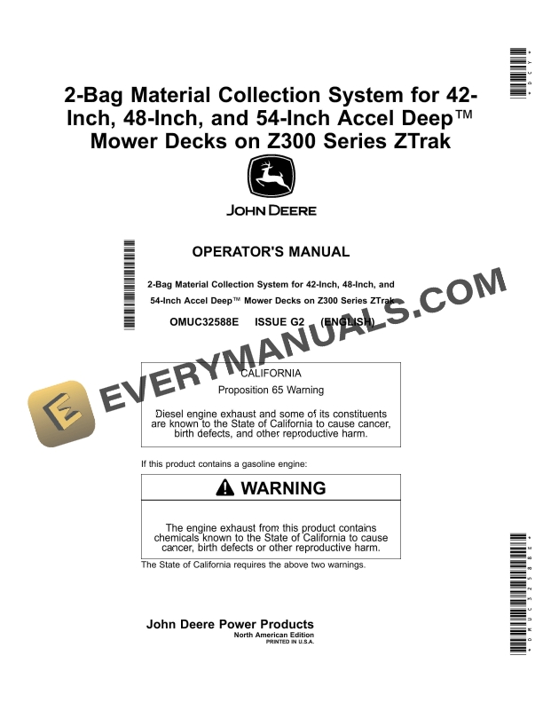 John Deere 2 Bag Material Collection System for 42 Operator Manual OMUC32588E 1