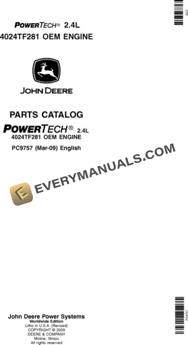 John Deere 2.4L 4024TF281 Engine Parts Catalog PC9757