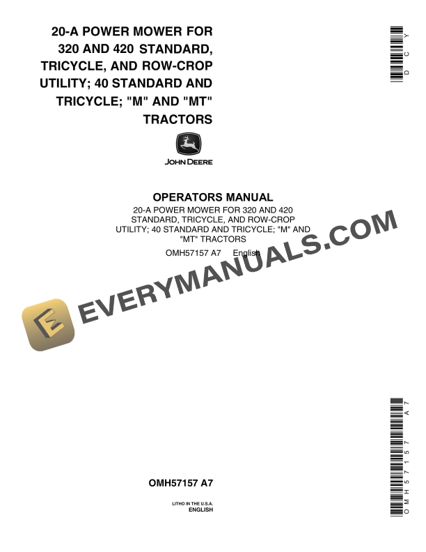 John Deere 20-A Power Mower For 320, 420 Standard, Row-Crop Utility-40 Standard, Tricycle Tractor Operator Manual OMH57157