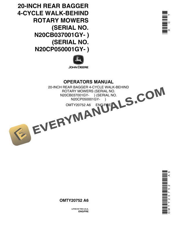 John Deere 20-Inch Rear Bagger 4-Cycle Walk-Behind Rotary Mowers Operator Manual OMTY20752