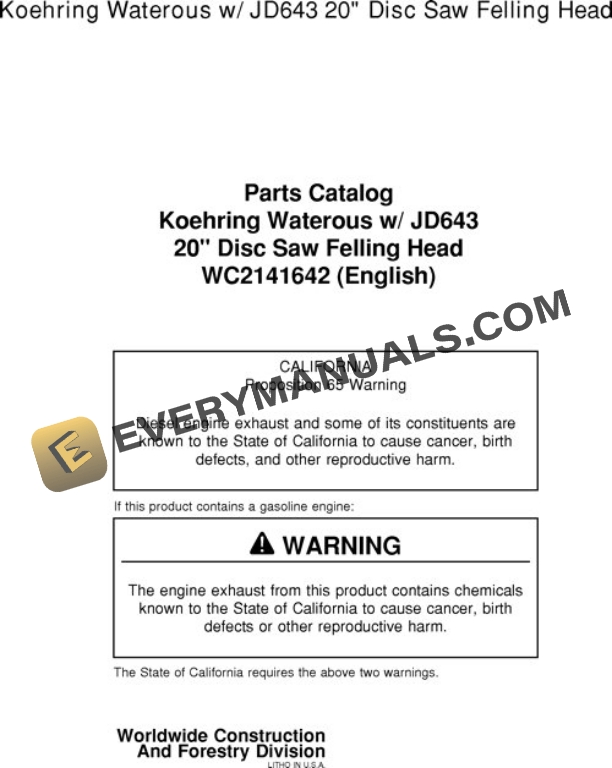 John Deere 20 Inch Felling Head Parts Catalog WC2141642