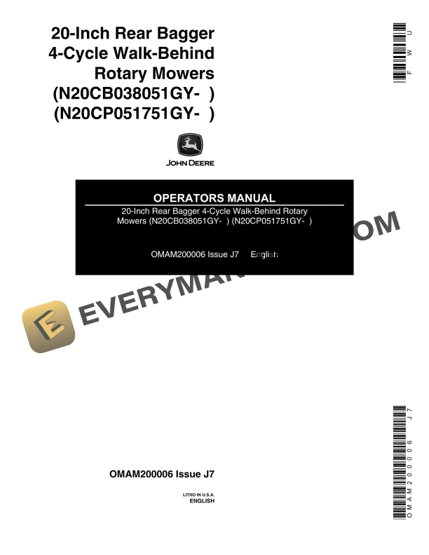 John Deere 20 Inch Rear Bagger 4 Cycle Walk Behind Rotary Mowers Operator Manual OMAM200006 1
