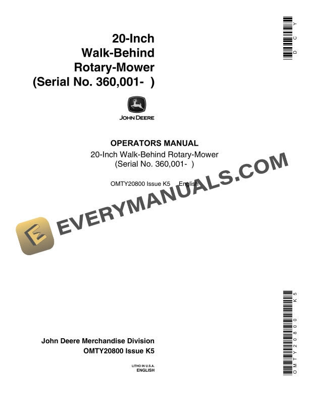 John Deere 20-Inch Walk-Behind Rotary-Mower Operator Manual OMTY20800