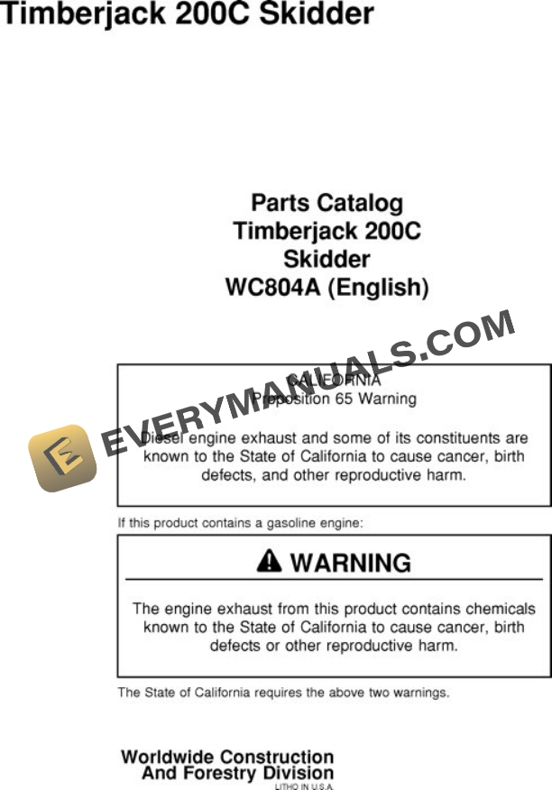 John Deere 200 201 205 215 225 230 Skidder Parts Catalog WC804A