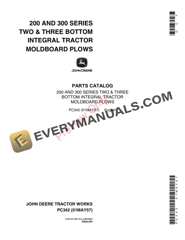 John Deere 200 300 Series Integral Tractor Moldboard Plows Parts Catalog PC342 01MAY57 1