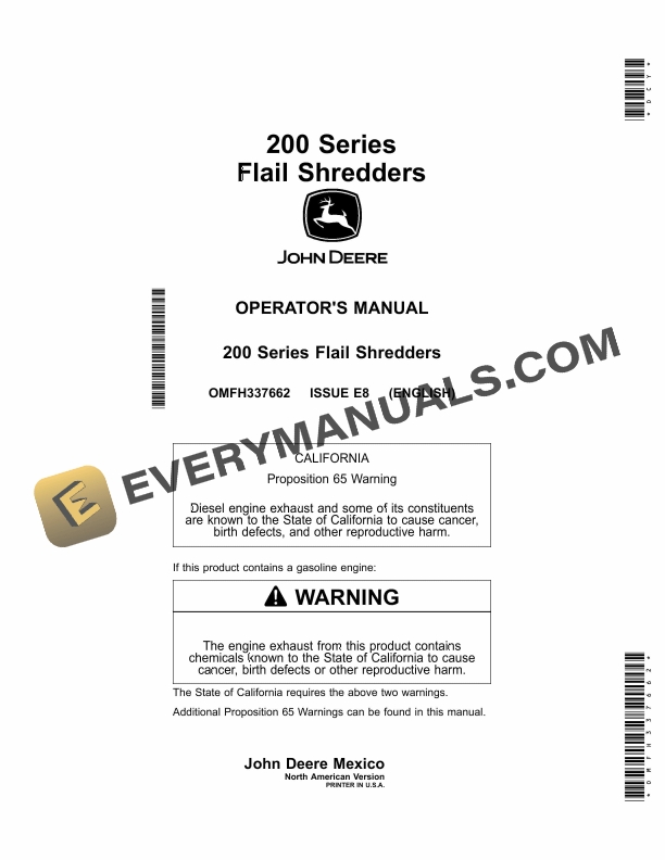 John Deere 200 Series Flail Shredder Operator Manual OMFH337662 1