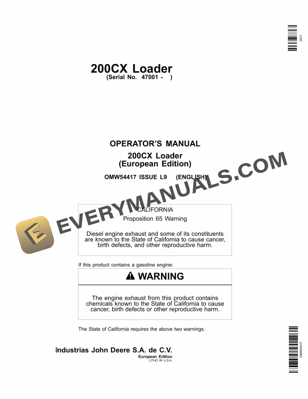 John Deere 200CX Loader Operator Manual OMW54417 1