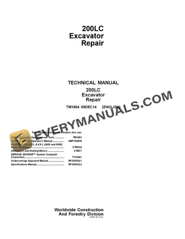 John Deere 200LC Excavator Repair Manual TM1664