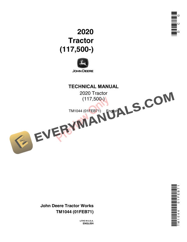 John Deere 2020 Tractor (117500-) Technical Manual TM1044 01FEB71 1 John Deere 2020 Tractor 117500 Technical Manual TM1044 01FEB71 1
