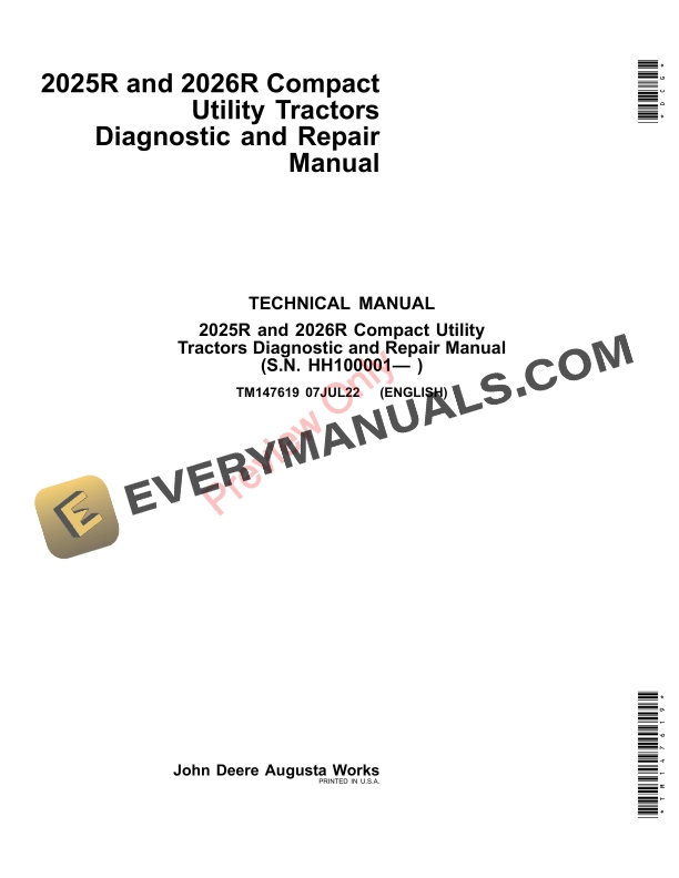 John Deere 2025R and 2026R Compact Utility Tractors Technical Manual TM147619 07JUL22